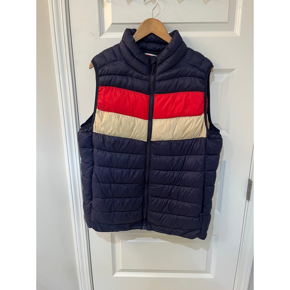 Reebok Mens Puffer Vest XL Navy Blue Red Cream Colorblock Quilted Full Zip